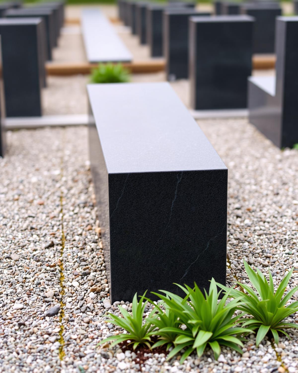 Schmales, modernes Einzelgrabmal aus dunkel poliertem Granit auf einem Kiesbeet mit grünen Pflanzen.