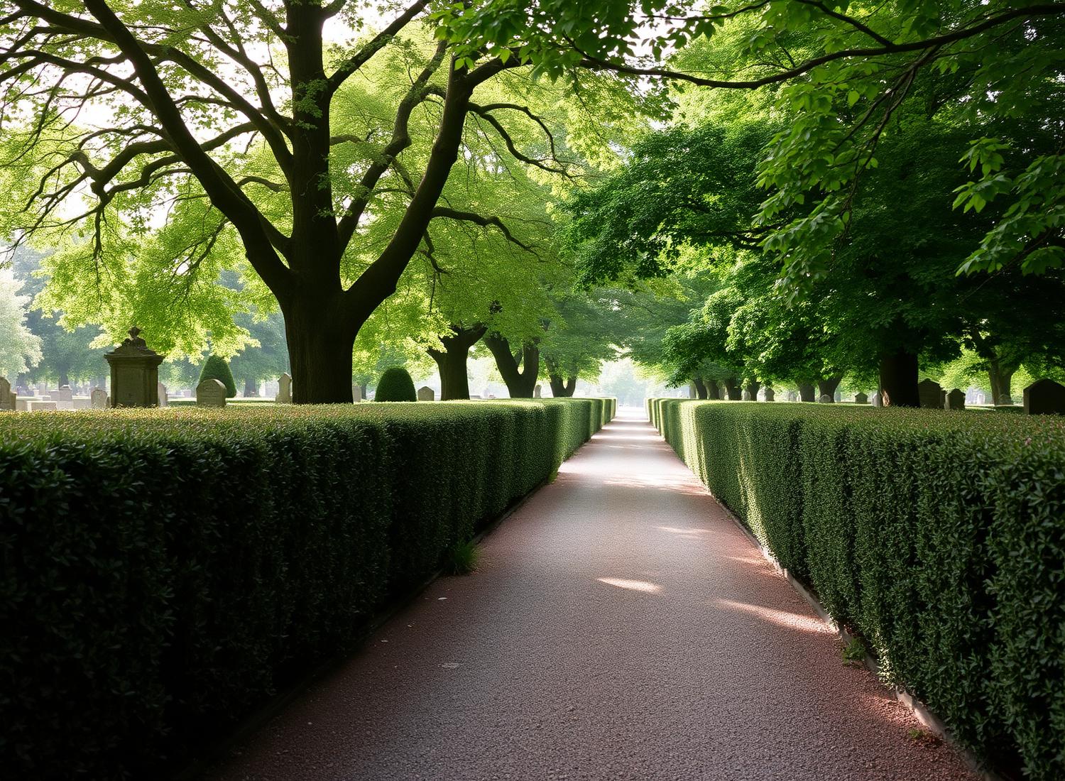 Ruhiger Kiesweg zwischen geschnittenen Hecken und alten Bäumen auf einem Friedhof.