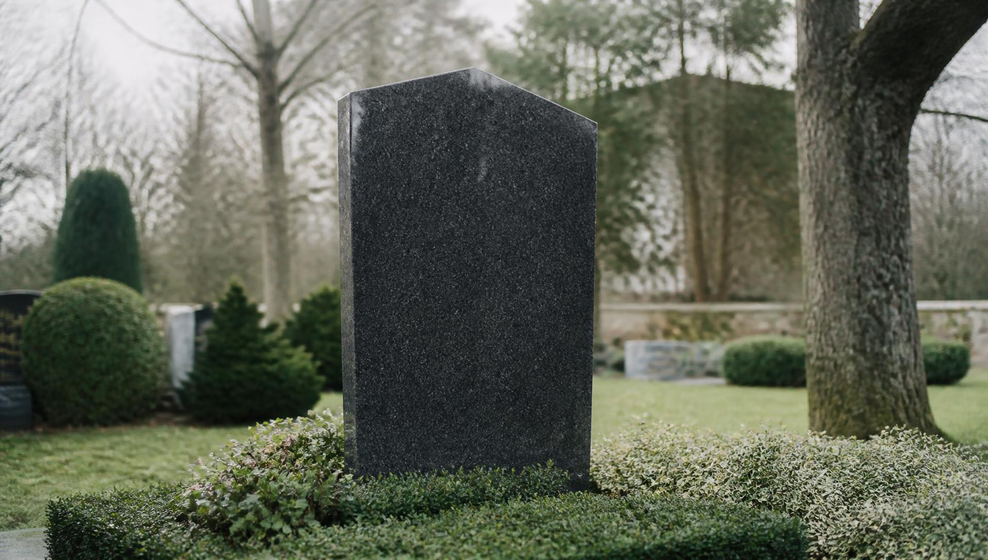 Aufrechtes Grabmal aus dunklem Granit auf einem grünen Friedhof bei weichem Tageslicht.