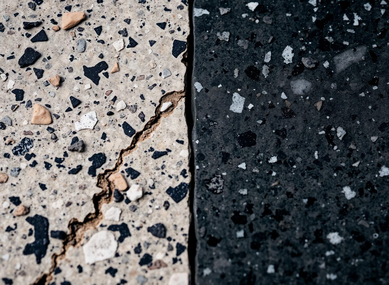 Nahaufnahme zweier Natursteinflächen: links bruchraues helles Gestein, rechts dunkel polierter Granit.